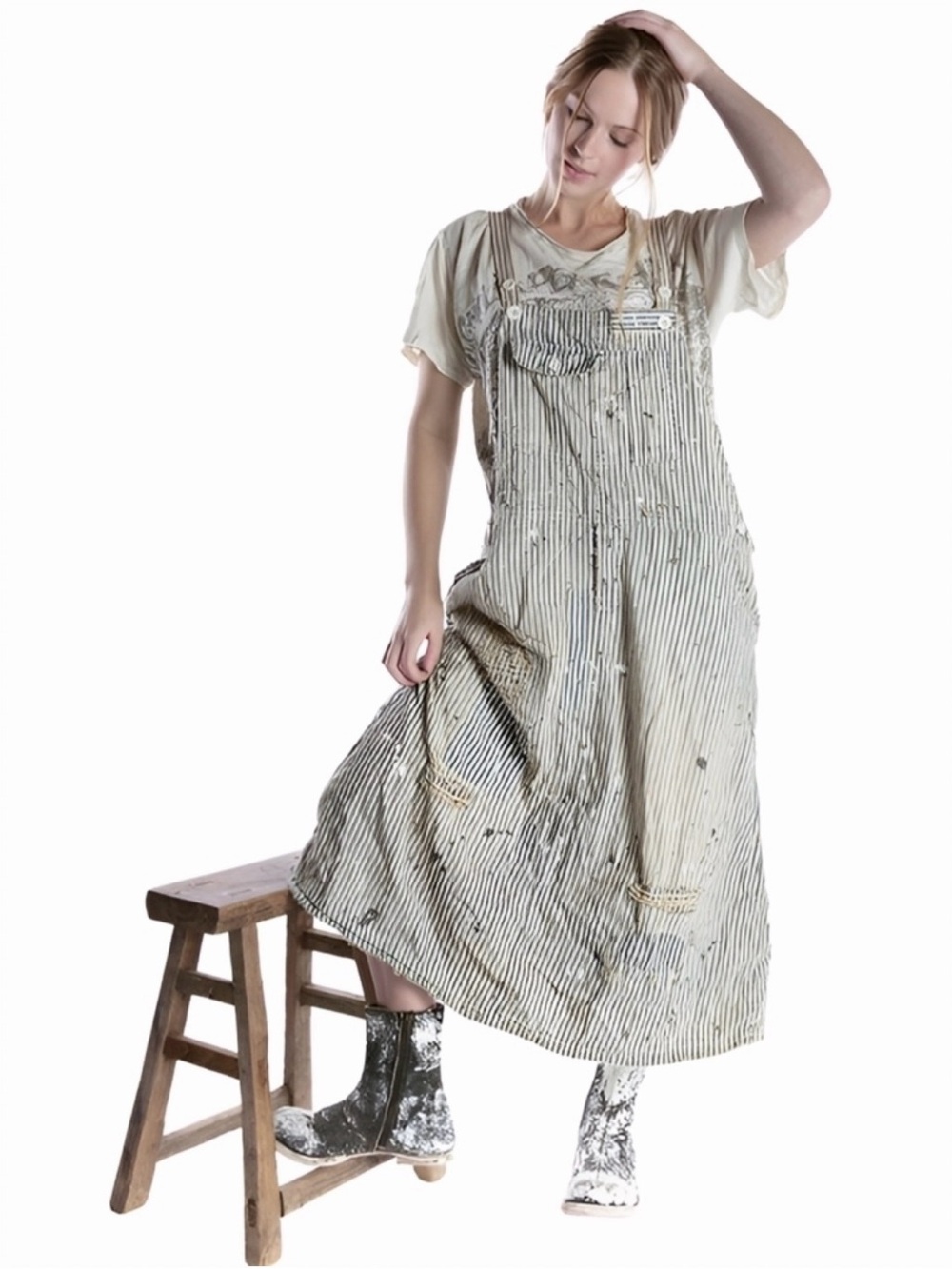 Magnolia Pearl Cream and Blue Striped Distressed Overalls Jumpsuit